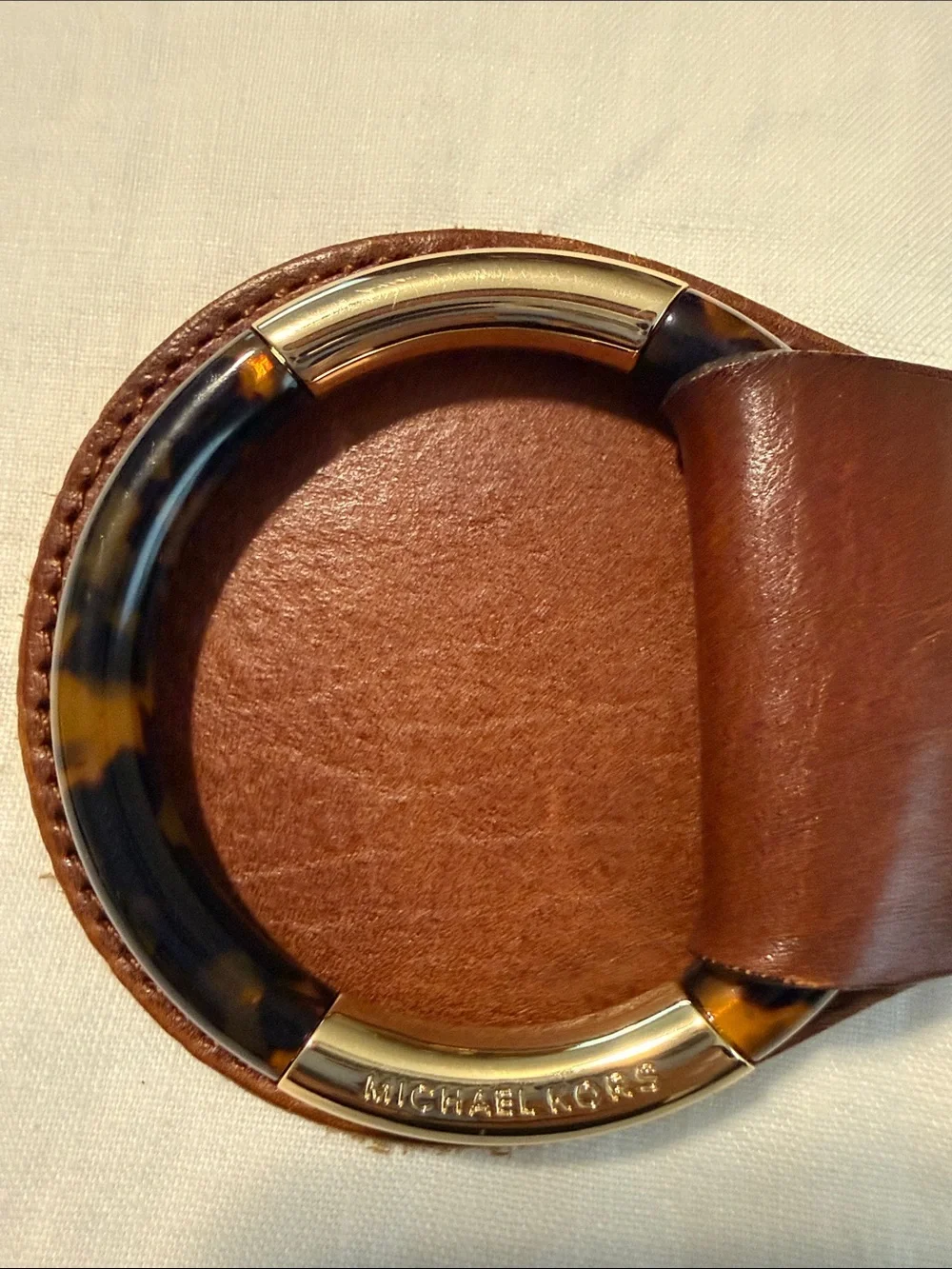 Michael Kors Brown Leather Belt with Gold and Tortoise Ring Buckle